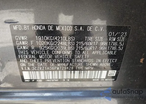 2023 Honda Hr-V 2Wd Lx из США, поврежденный, VIN 3CZRZ1H36PM729428